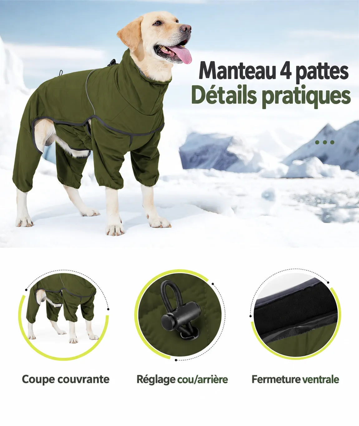 Manteau imperméable et chaud pour chien - Coupe 4 pattes, doublure polaire et col montant
