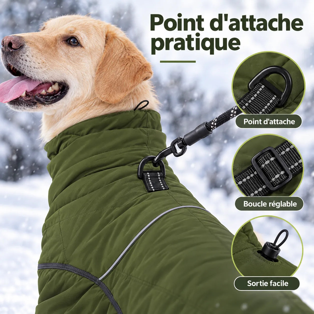 Manteau imperméable et chaud pour chien - Coupe 4 pattes, doublure polaire et col montant