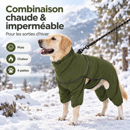 Manteau imperméable et chaud pour chien - Coupe 4 pattes, doublure polaire et col montant