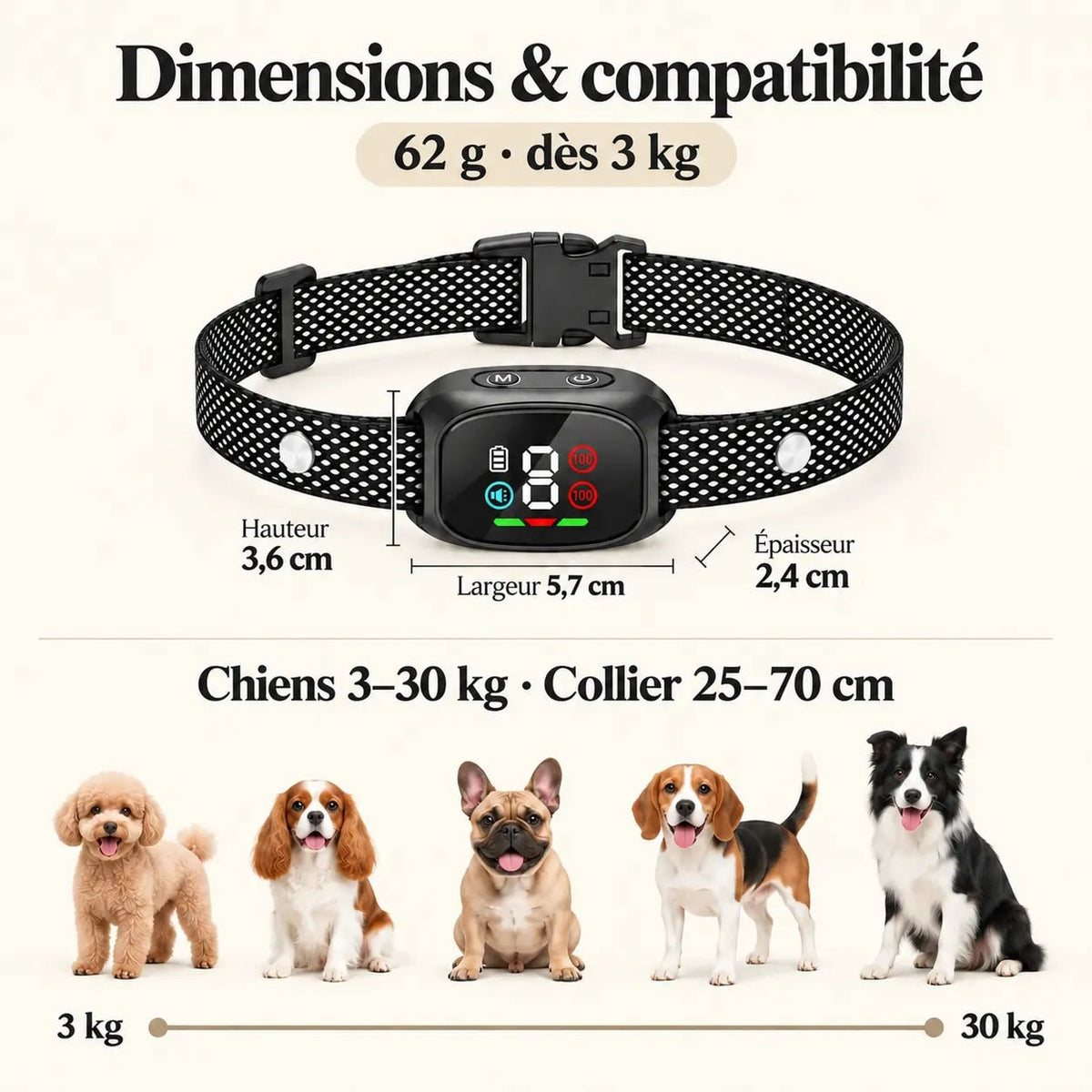 Collier anti-aboiement BuddyOra K13 léger et sans choc pour petit chien, écran couleur inclus.