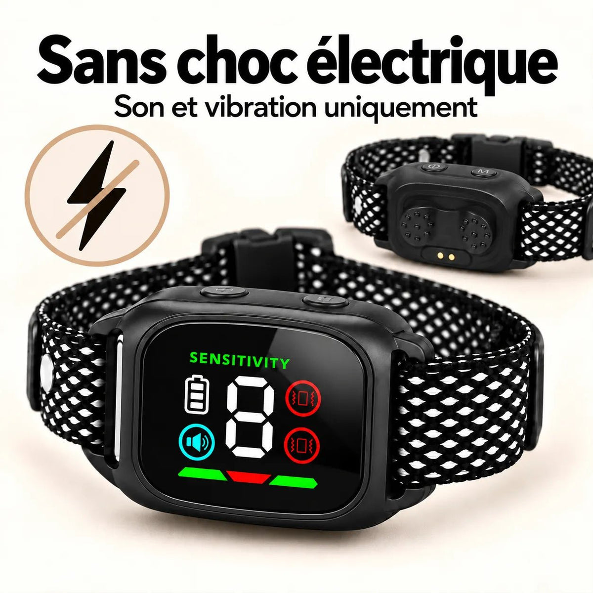 Vues avant et arrière du collier K13 montrant les modes son et vibration sans choc électrique.