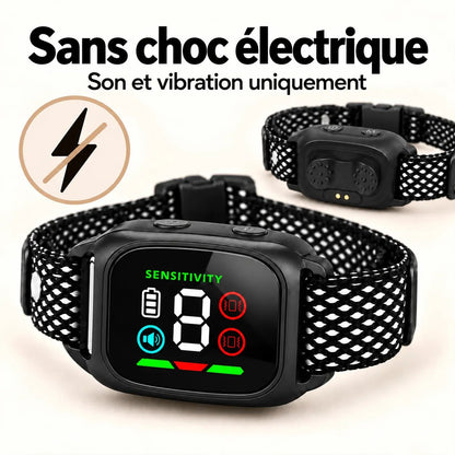 Vues avant et arrière du collier K13 montrant les modes son et vibration sans choc électrique.