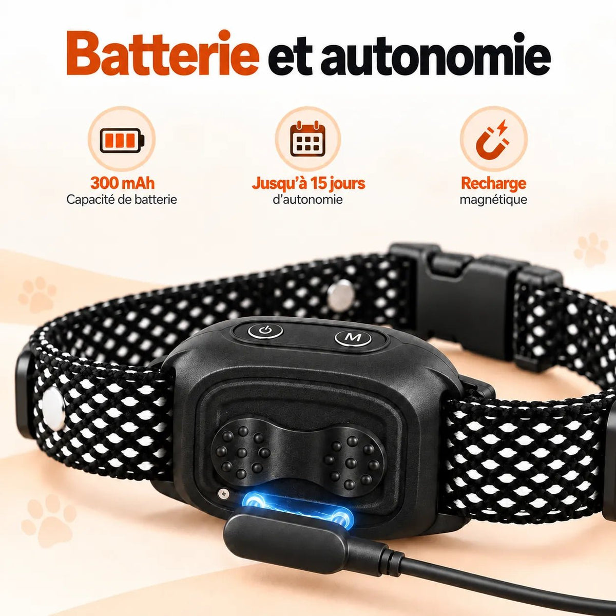 Dos du collier K13 avec recharge magnétique, autonomie de 15 jours.