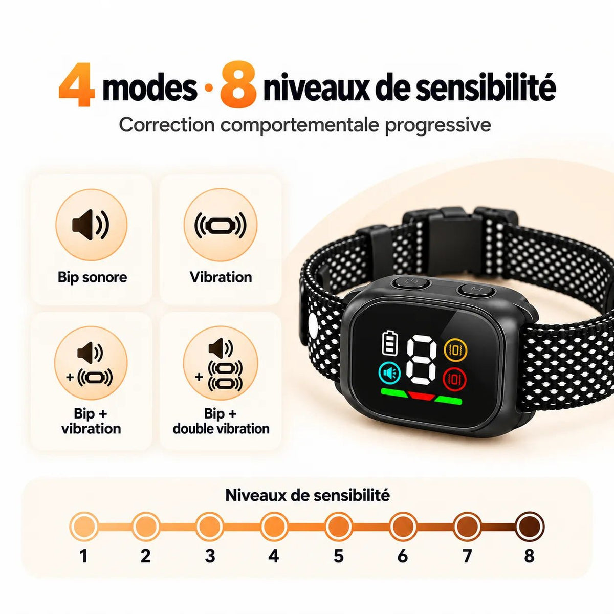 Collier K13 avec quatre modes son et vibration et échelle des huit niveaux de sensibilité.