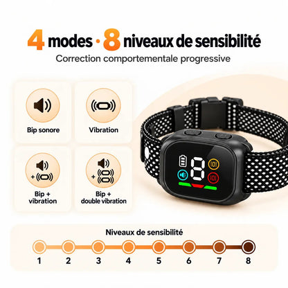 Collier K13 avec quatre modes son et vibration et échelle des huit niveaux de sensibilité.