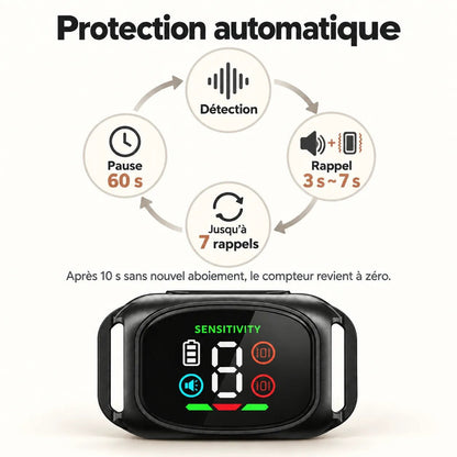 Collier anti-aboiement BuddyOra K13 avec protection automatique après 7 rappels consécutifs.