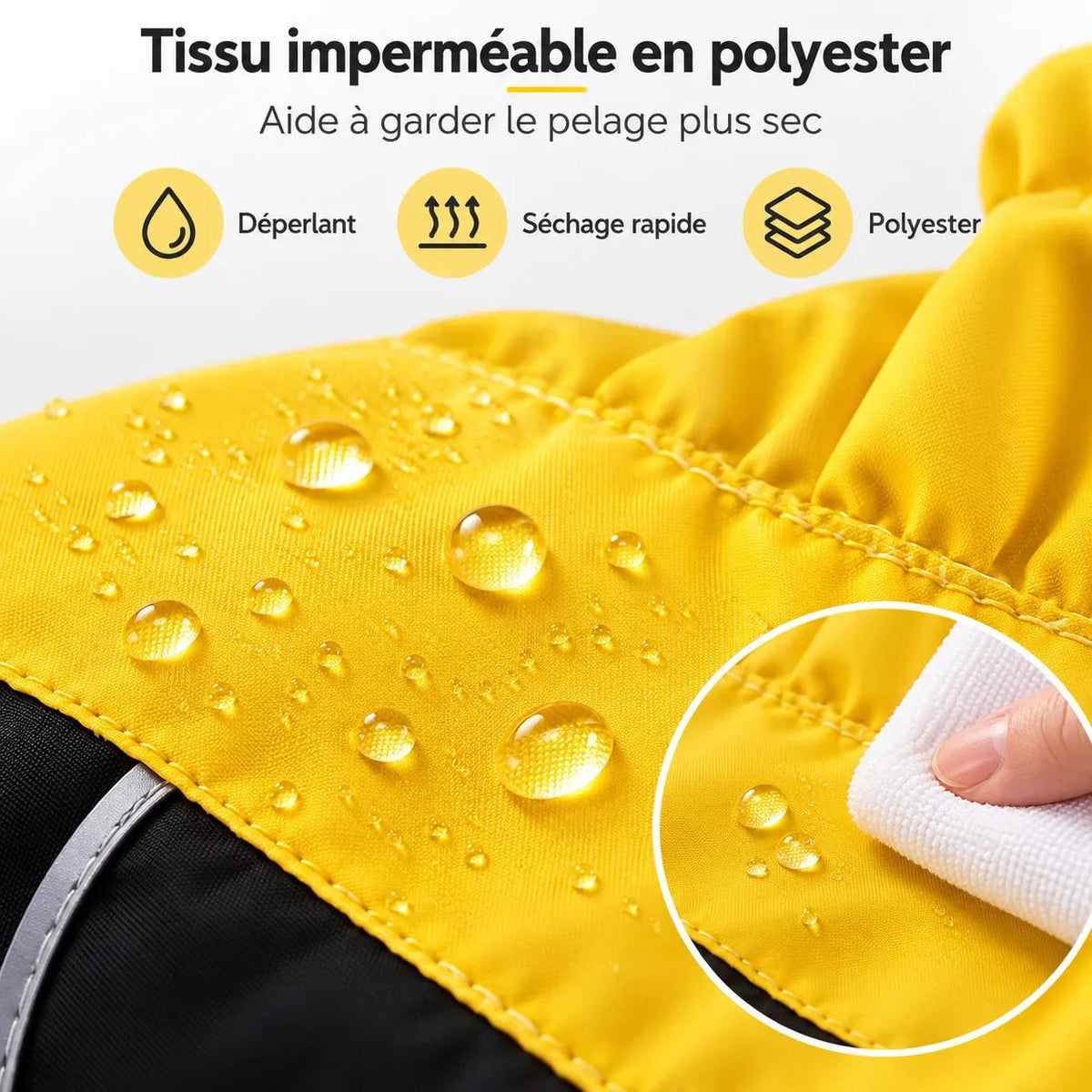 Tissu imperméable en polyester pour chien, effet déperlant contre la pluie.