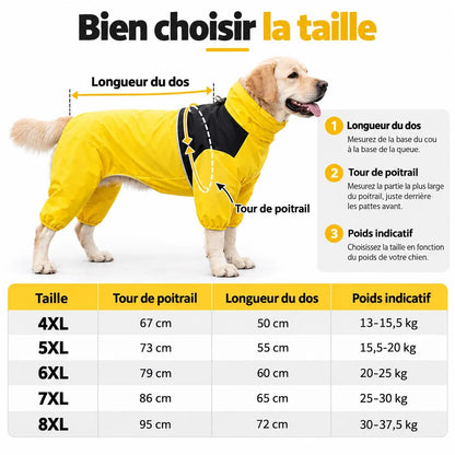 Guide des tailles 4XL à 8XL pour combinaison imperméable chien, mesure du dos et poitrail.
