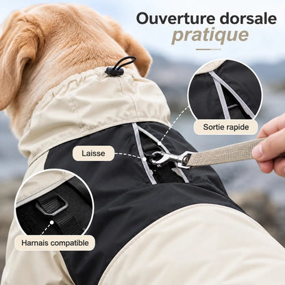 Ouverture dorsale du manteau imperméable, permettant d'attacher la laisse au harnais.
